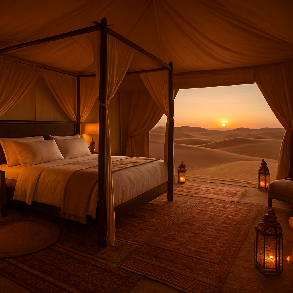 Luxury tented desert suite open to golden Sahara dunes at sunset