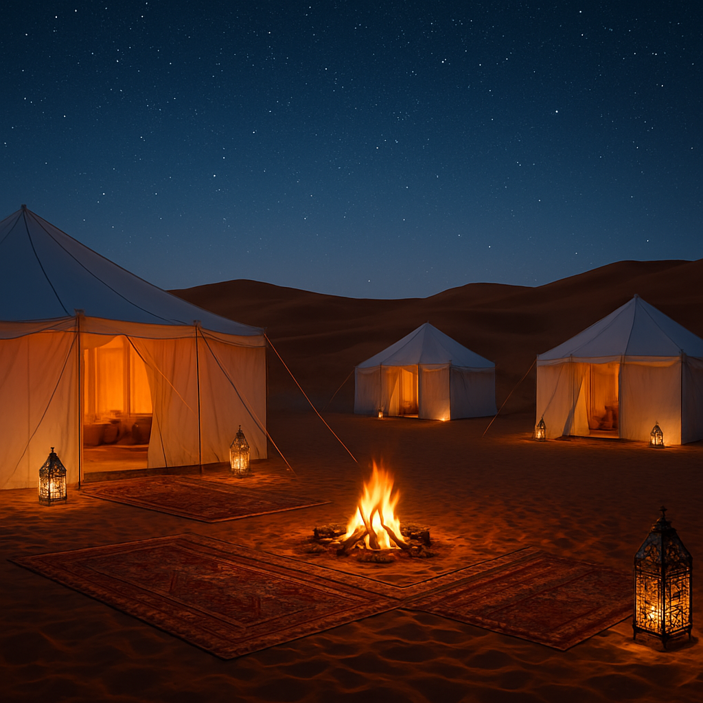 Luxury Berber desert camp glowing at twilight among golden dunes
