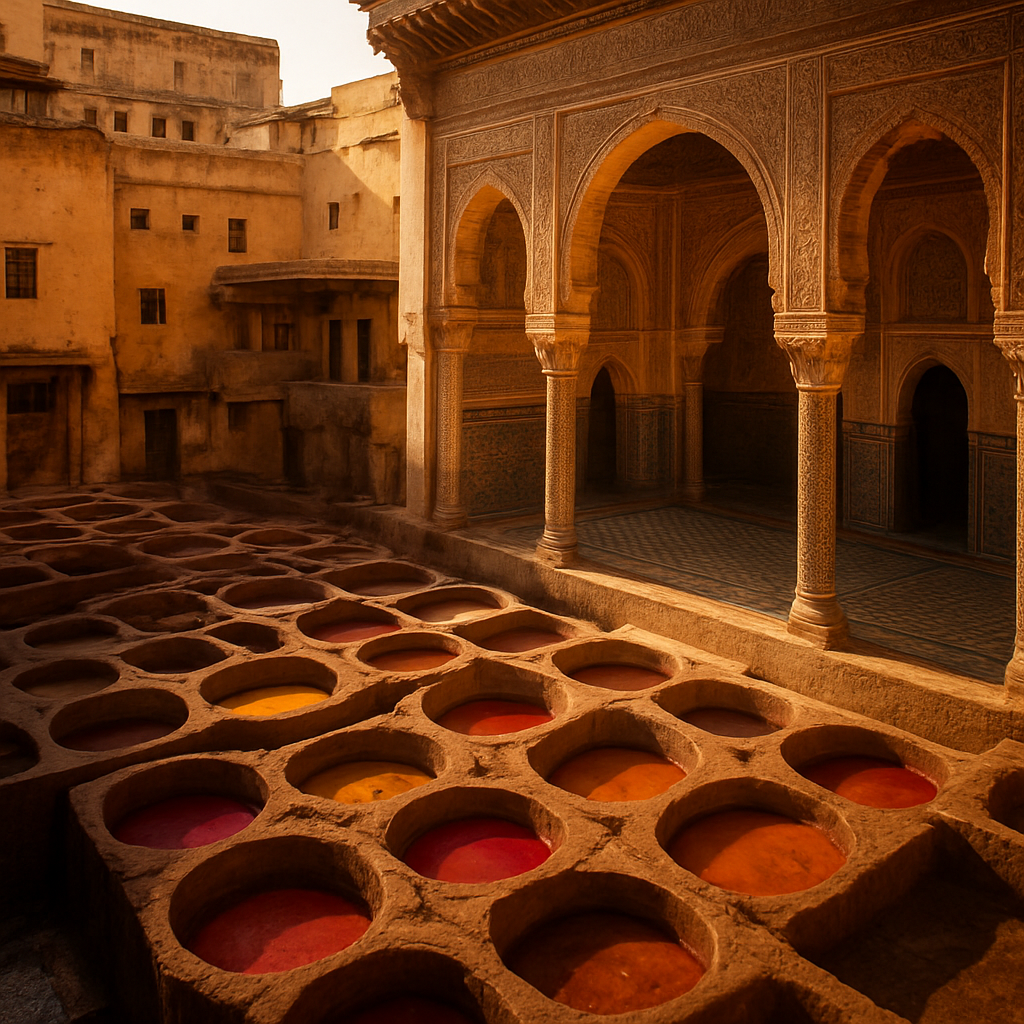 Honey-lit ornate medersa courtyard with zellige tilework in the Fès medina