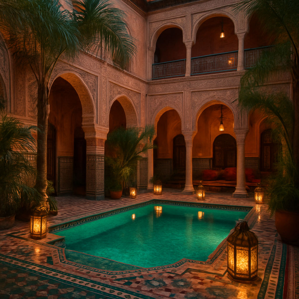 Ornate Marrakech riad courtyard at dusk with a turquoise pool
